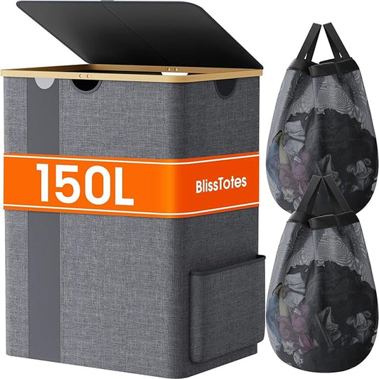 Laundry Basket Clothes Hamper with Lid and Pocket Large Collapsible Laundry Baskets with Handle, Freestanding Hampers for Bedroom Aesthetic, Dorm, Bathroom, Laundry Room (150L,Light Grey)