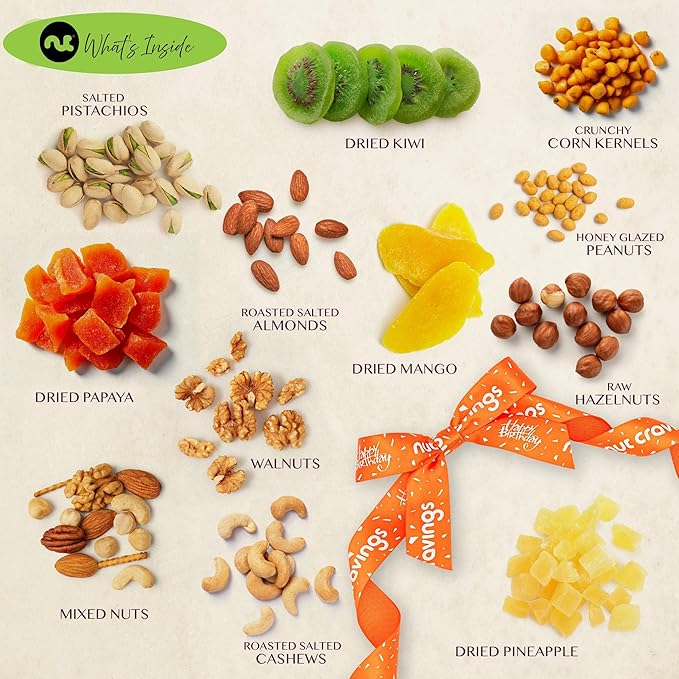 NUT CRAVINGS Gourmet Collection - Happy Birthday Treats, Dried Fruit & Mixed Nuts Gift Basket with Bday Ribbon in Reusable Wooden Tray (12 Assortments) Food Arrangement, Healthy Snack Food Assortments