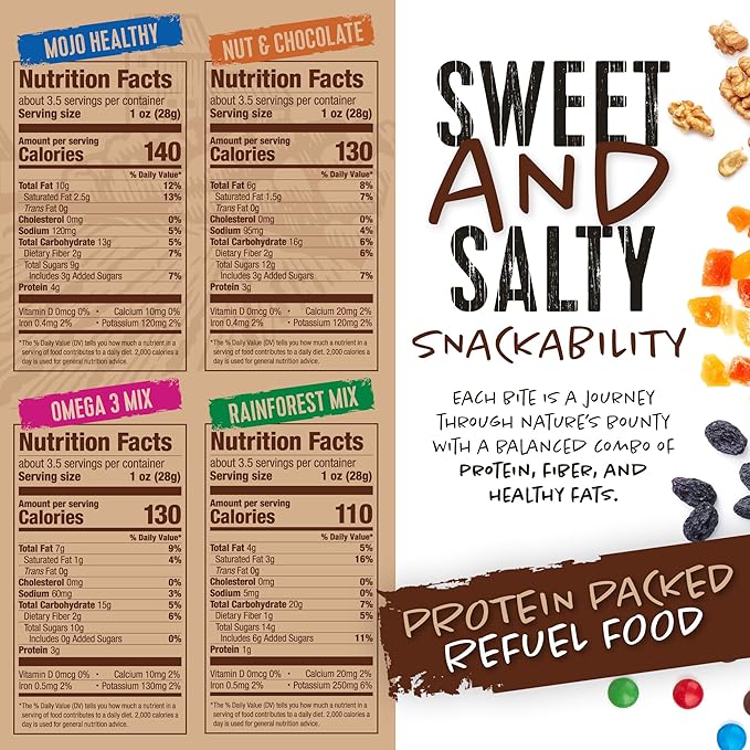 Trail Mix Snack Packs Variety - 4 Bags - Dried Fruit Mix & Nuts Mix with Chocolate Chips, Peanuts, Cranberries, Raisins, Walnuts, Tropical Fruits - Trail Mix Individual Packs, 3.5 oz