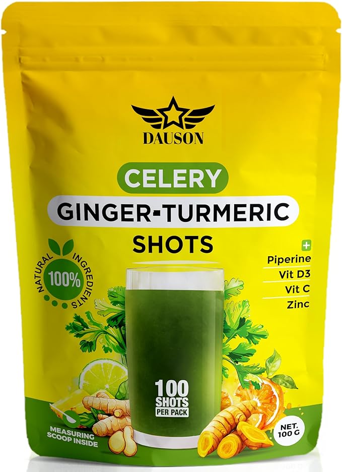 Celery Ginger Turmeric Shots – Detox & Bloat Support Drink Powder with Lemon, Pineapple, Vitamin C, D3 & Zinc – Vegan Wellness Shot – 100 Shots