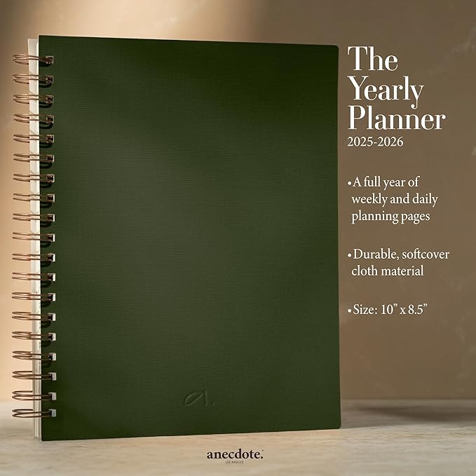 Anecdote 2026 Planner (8.5" x 10") Daily Planner Weekly Monthly Planner - 52 Weeks w/Library Buckram Cover, Brass Spiral - A4 Size Bleed-Resistant Paper – Evergreen