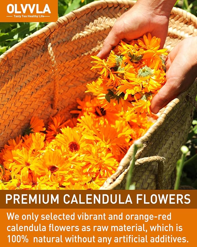 Olvvla - Natural Calendula Flowers Tea Bags - 1.5g X 50 Count - Premium Calendula Tea - Non-GMO - Caffeine-free - Dried Calendula Herbal Tea - Rich in Antioxidants & Promote Relaxation