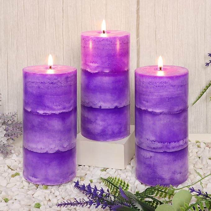3" x 6" Handmade Pillar Candles Lavender Scented Purple Decorative Candles Long-Lasting Burn Air Clean Lavender Candles for Home Fragrance Rustic Room Centerpieces Wedding Decor,Set of 3