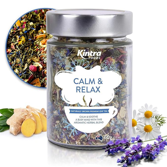 Kintra Foods Calm & Relax Loose Leaf | Herbal Blend With Chamomile, Lavender and Passionflower | Soothing Tea | Caffeine-Free Calming Tea | 60g Jar for Ultimate Relaxation