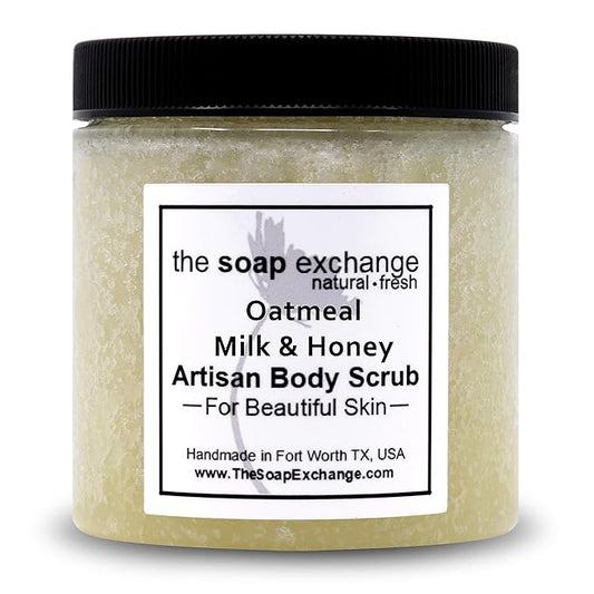 The Soap Exchange Sugar Body Scrub - Oatmeal, Milk & Honey Scent - Hand Crafted 8 fl oz / 240 ml Natural Artisan Skin Care, Shea Butter, Exfoliate, Moisturize, & Protect. Made in the USA.