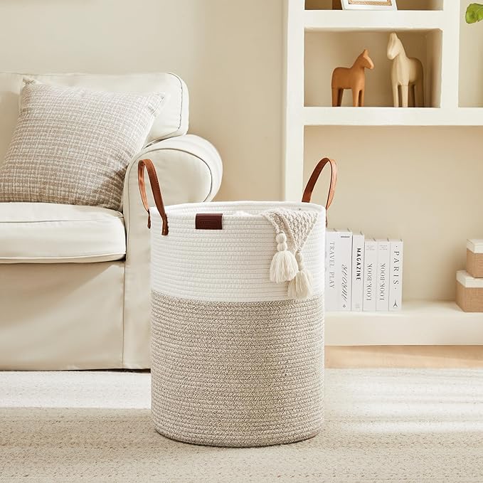 Cotton Rope Laundry Hamper by YOUDENOVA, 72L - Woven Collapsible Laundry Basket - Clothes Storage Basket for Blankets, Laundry Room Organizing, Bedroom Storage, Clothes Hamper – White & Brown