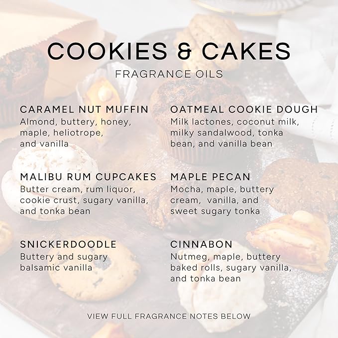 Eternal Essence Oils Cookies & Cakes Set of 6 Premium Fragrance Oils - Includes Caramel Nut Muffin, Oatmeal Cookie Dough, Malibu Rum Cupcakes, Maple Pecan, Snickerdoodle, and Cinnabon - 10ML