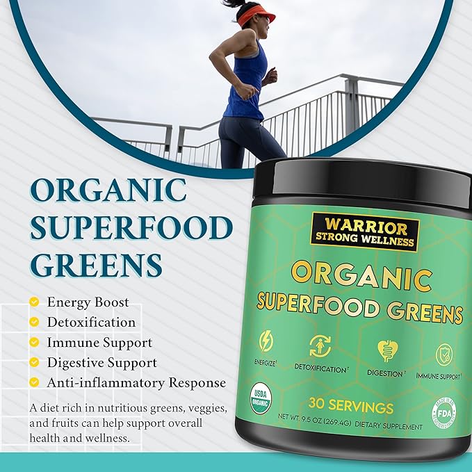 Certified Organic Greens Powder - 30 Servings - Green Superfood Powder, Energy Boost Detox Drink, Fruit and Vegetable Powder, Apple Cider Vinegar, Green Tea Extract