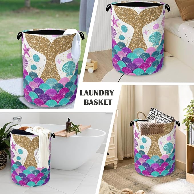 Fish Scales Laundry Basket,Mermaids Seashell Foldable Oxford Cloth Tote Bag Laundry Hamper Clothes Storage Bucket Organizer for Bedroom Laundry Storage Dormitories 16" x 20.8"