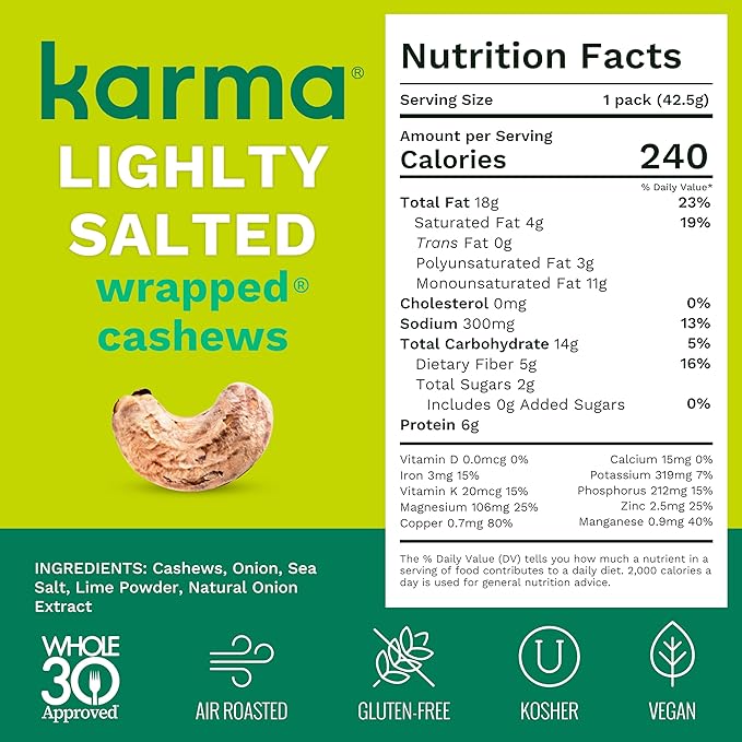 Lime Twist Cashews with Skin by Karma Nuts, Whole, Roasted, Vegan, Gluten Free, Low Net Carb, Natural, No Sugar Added, Keto Friendly, Everyday Nut Snack, 1.5 Ounce (12 Snack Packs)