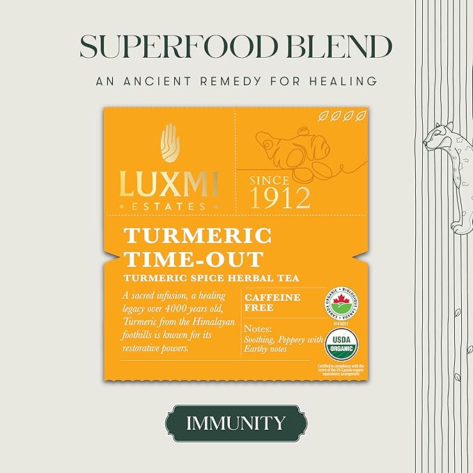 Luxmi Estates Turmeric Time-Out Herbal Tea, 50 Tea Bags, Organic Herbal Tea, Turmeric, Ginger, Cardamom, Black Pepper, Supports Immunity, Inflammation, and Stress Relief