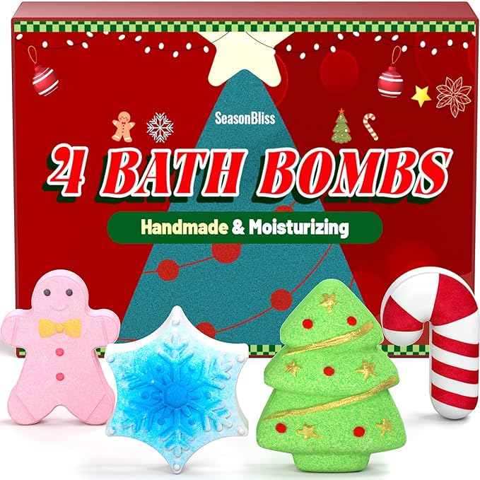 Bath Bombs Set, Shower Bombs, 4 PCS Handmade Bubble Bath with Gingerbread & Christmas Tree & Candy Cane & Snowflake, for Present Cute Women Boys and Girls