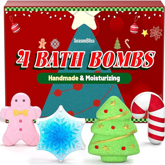 Bath Bombs Set, Shower Bombs, 4 PCS Handmade Bubble Bath with Gingerbread & Christmas Tree & Candy Cane & Snowflake, for Present Cute Women Boys and Girls