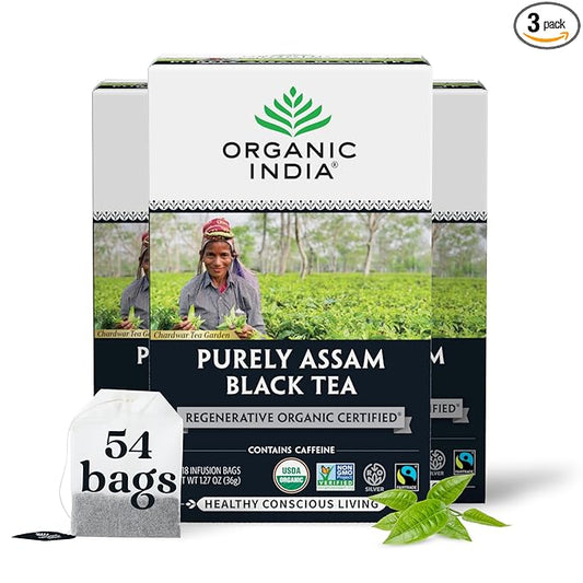 Organic India Purely Assam Black Tea - Caffeinated Herbal Tea Bags with Natural Assam Leaves, Enjoy with Milk & Sweetener, USDA Organic, Non-GMO, Fairtrade Certified - 18 Bags (Pack of 3)