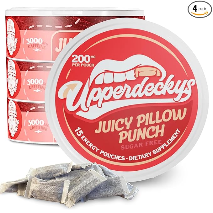 Upperdeckys, Juicy Pillow Punch Caffeine Energy Pouches - Free Replacement/Alternative for Focus and Energy - Sugar Free Nootropic Pouches, Made in the USA & Delicious Flavor (4-Pack, 200mg)