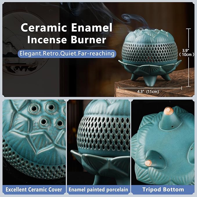 Ceramic Lotus Incense Burner with Incense Stick Holder,Handmade Smudging Burn Bowl Use for Stick/Coil Incense,Sage and Mosquito Incensel (Lotus 01)