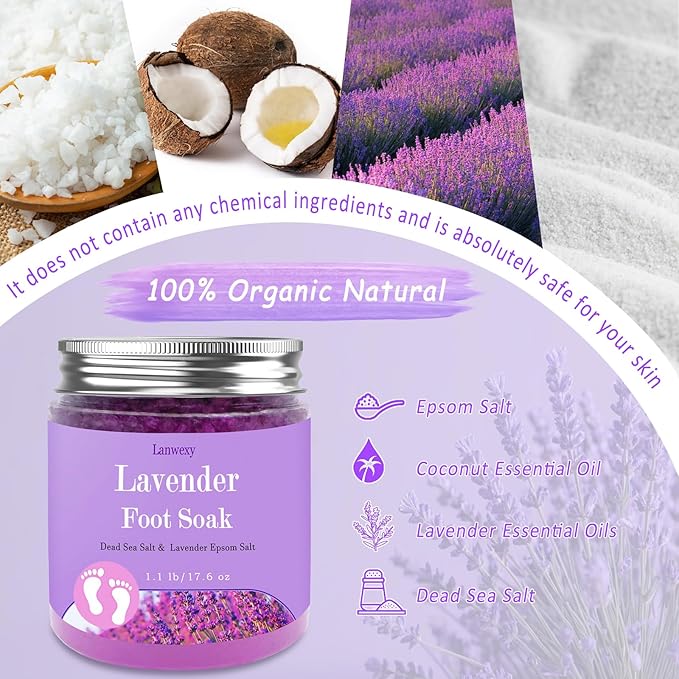 Lavender Foot Soak with Epsom Salt and Sea Salt. Organic Natural Handmade Spa Pedicure Care For Foot Callus, Dry Cracked, Tired Feet, Stubborn Foot Odor Scent.(1.1 Lbs）