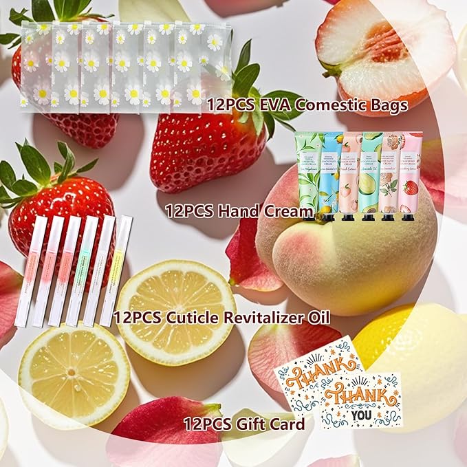 KWOLYKIM 12 Sets Bulk Hand Cream and Bulk Cuticle Oil Pen Christmans Gift Set for Women Coworker Hand Repair with Makeup Bag and Thank You Card Skincare Gift Bridal Shower Favors for Guests Party Gift