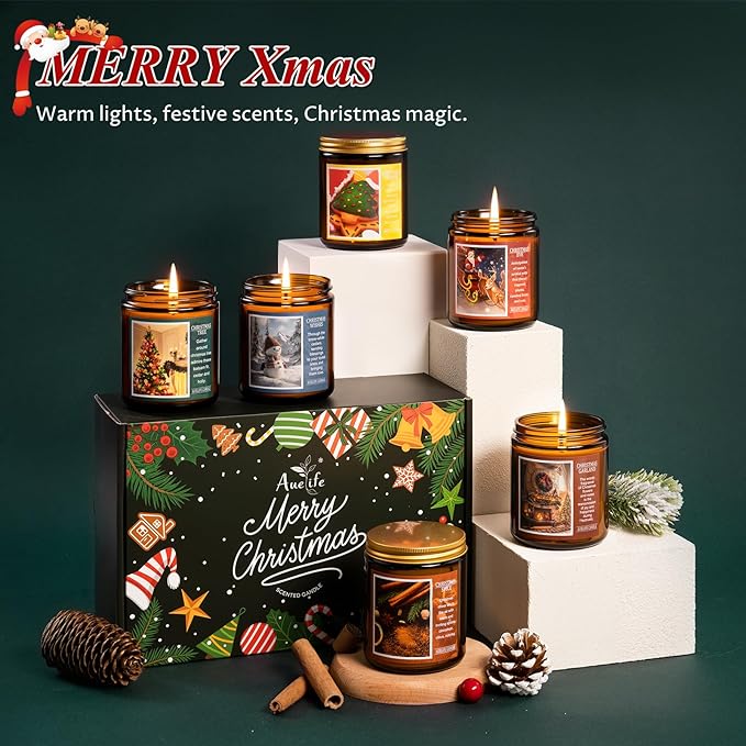 Christmas Candle Gift Set, 6 Pack Holiday Scented Soy Candles for Home, Winter Aromatherapy Candle, Xmas Gift for Women Men, Long Lasting Christmas Tree, Cookie, Spice, Garland, Eve & Wishes Fragrance