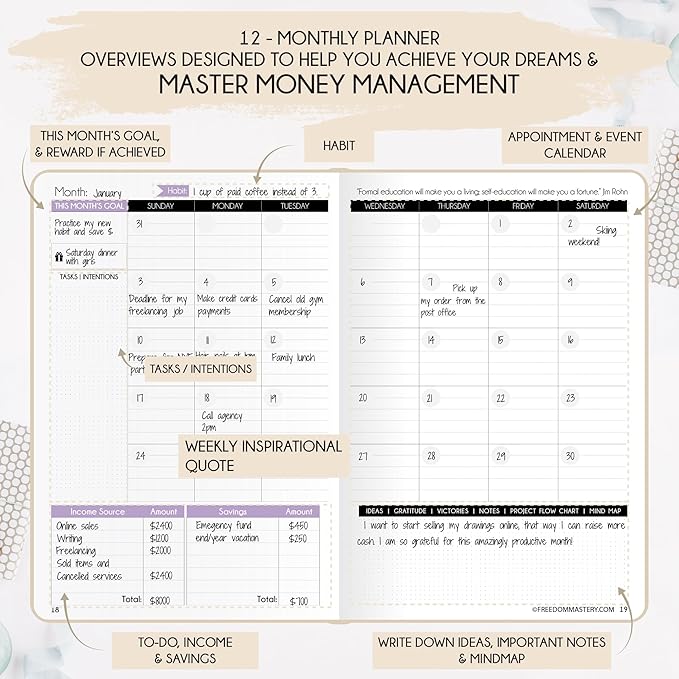 Budget Planner and Monthly Bill Organizer - Finance Planner, 12-Month Journey to Financial Freedom | Bill Payment Tracker Monthly Organizer, Money Saving & Expense Tracker | Undated Budgeting Journal