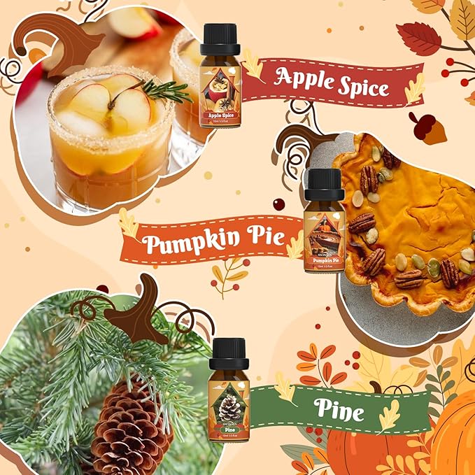 Autumn Essential Oil Set, Fragrance Oil Set for Diffuser, Soap & Candle Making, Humidifiers - Apple Spice, Pumpkin Pie, Pine, Cinnamon, Vanilla, Snickerdoodle Scents Oils for Home Care 6x10ml
