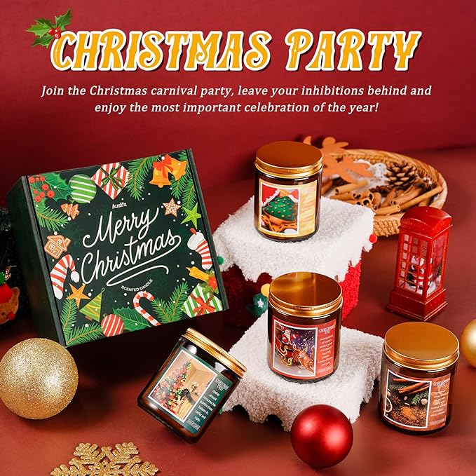 Christmas Candle Set | 4Pack Scented Candles Holiday Candle Gifts - Soy Candles Home Scented, Xmas Gift for Women and Men - Scents of Christmas Tree/Spice/Cookies/EVE
