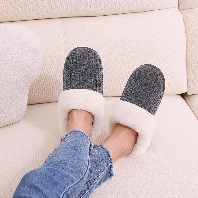 Evshine Warm Knit House Slippers for Women Comfy Wool-Like Lined Chenille Slippers with Memory Foam and Indoor Outdoor Soles