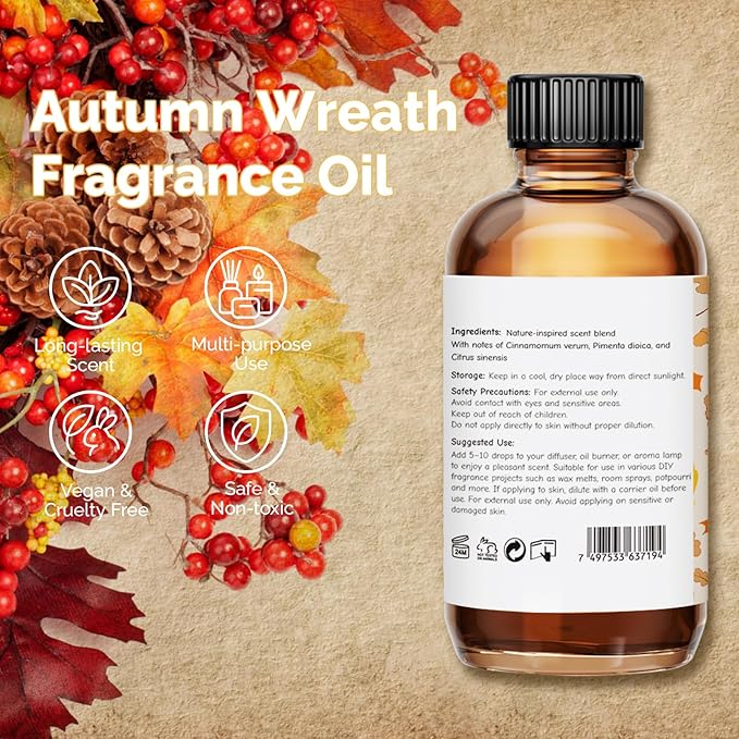 Autumn Wreath Fragrance Oil 2 Oz, Natural Scent Oil for Home Essential Oils Diffuser, Candle Making, Soap Making, DIY Body Oils, Perfume, Body Mist, Spray - Fall Scent