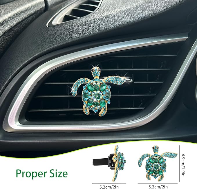 Sea Turtle Car Accessories,1pc Bling Turtle Air Vent Clip Car Air Freshener,Ocean Beach Theme Car Decor, Refillable Outlet Diffuser,Green Blue Rhinestone Accessories for Women