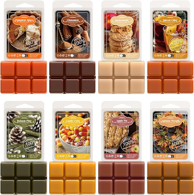 ARVIDSSON Autumn Scented Wax Melts, Fall Soy Wax Cubes for Wax Warmer, Strong Scent Fragrance Wax Tarts, Candle Melts Gift Set, Pumpkin Spice, Cinnamon, Spiced Cider, Pine, Candy Corn, Autumn Wreath