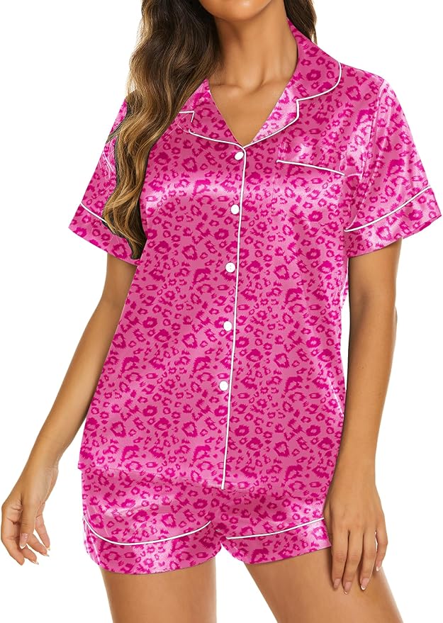 Ekouaer Silk Pajamas for Women Short Sleeve Sleepwear Soft Button Down Loungewear 2 Piece Satin Pjs Shorts Set S-XXL