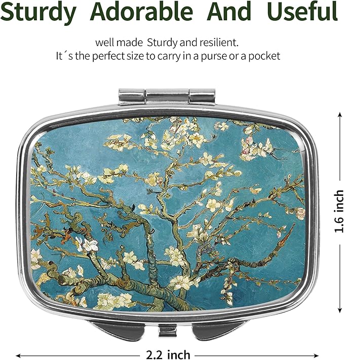 Dynippy Pill Case Pill Box with Mirror Retro Pocket 2 Compartment Medicine Case Vitamin Pill Organizer for Pocket Purse and Travel (Silver-Almond Blossom)