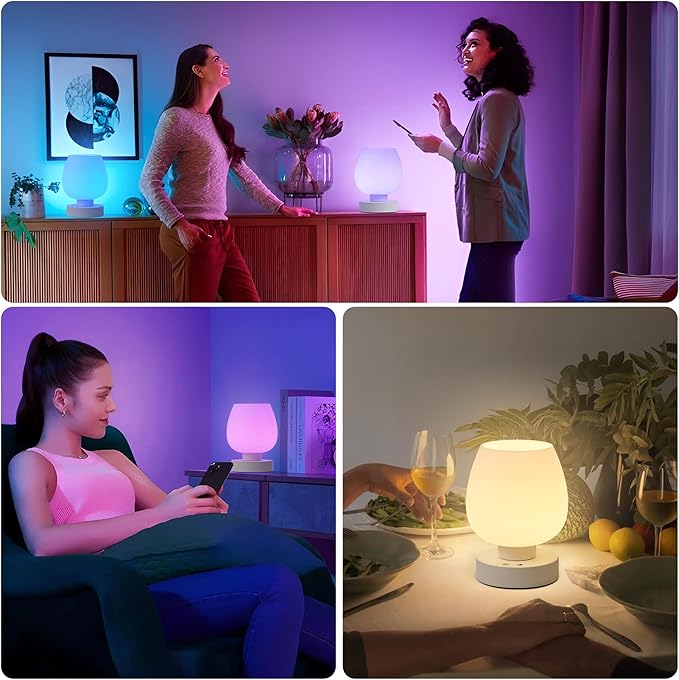 Cordless Touch Bedside Table Lamp set of 2 - Rechargeable Modern Small Table Lamp with White Glass Lamp Shade, Stepless Dimmable & 8 RGB Colors & Memory, Desk Lamp for Nursery Bedroom Nightstand