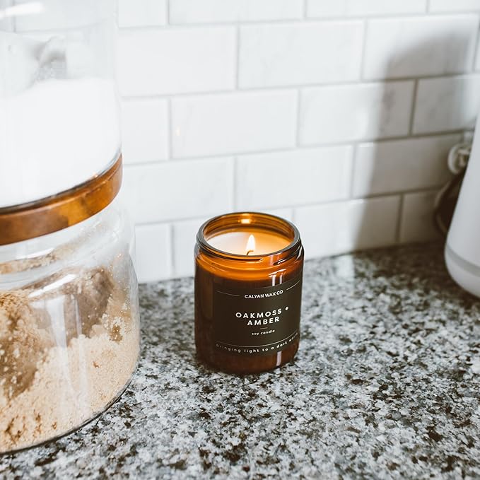 Calyan Wax Co. Soy Wax Candle, Evergreen + Eucalyptus Scented Candle, 57 Hour Burn Time, Aromatherapy Soy Candles, Non Toxic & Vegan Soy Wax, Amber Glass Jar Scented Candles, 7.2oz