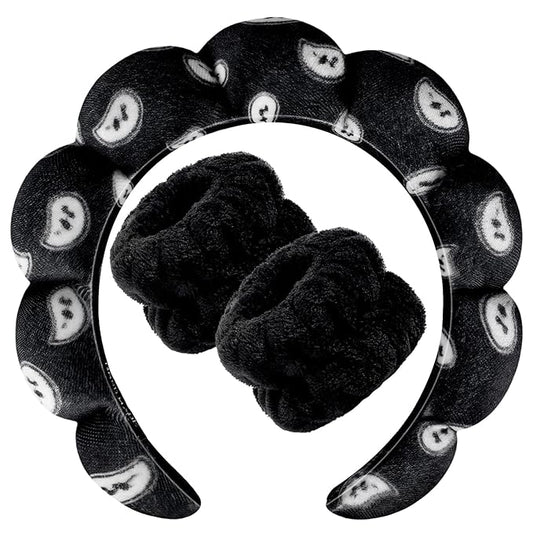Zkptops Spa Headband for Washing Face Wristband Set Sponge Makeup SkincareVelvet Fabric Bubble Soft Get Ready Hairbands for Women Puffy Headwear Non Slip Thick Thin Hair Accessory (Black Nuts)