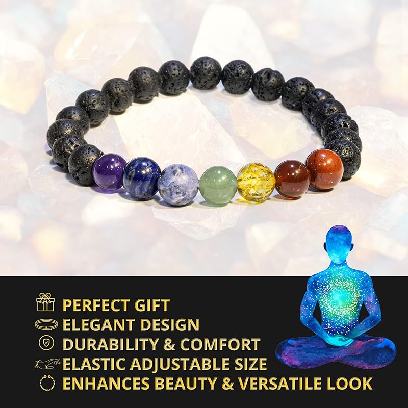 Lava Rock 7 Chakra Bracelet, Natural Healing Crystal Bracelet for Women and Men, 8mm Round Beaded Bracelet for Spiritual, Protection, Positive Energy, Elastic Adjustable Size Gemstone Bead Bracelet