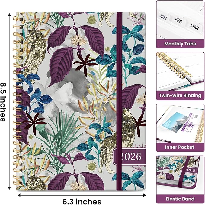 2026 Planner, Monthly and Weekly Calendar Planner for Women, January 2026 - December 2026, Hardcover Pretty 2026 Agenda Planner Book with Tabs, Spiral Bound, Perfect for School Office Home Supplies, 6.3" x 8.5" - Jungle
