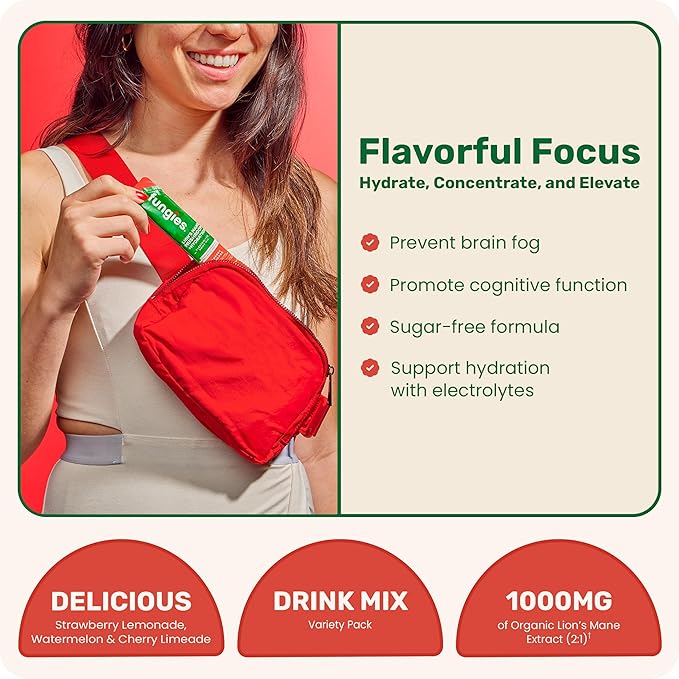 Fungies Electrolyte Drink Mix with Lion's Mane Mushroom & Essential Electrolytes, 24 Variety Pack - Sugar-Free Hydration Supplement Powder for Adults for Brain Health & Focus - Mushroom Supplement