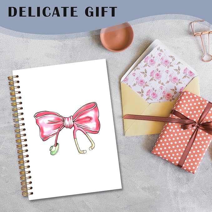 Coquette Pink Bow Nurse Spiral Notebooks, Nurse Appreciation Week Day Gifts Journal, Nursing Supplies for Nurses, Preppy Bow Stethoscope Notebook for Note Taking, 5.5x8.3 Inch