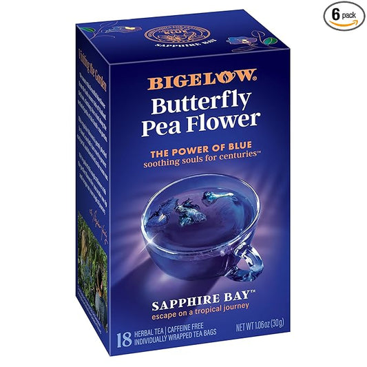 Bigelow Tea Sapphire Bay Butterfly Pea Flower, Blue Tea, Caffeine Free (Pack of 6), 108 Total Tea Bags