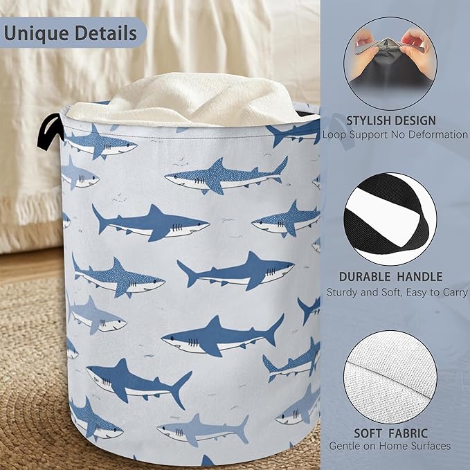 Cute Shark Laundry Basket,Foldable Oxford Cloth Tote Bag Laundry Hamper Clothes Storage Bucket Organizer for Bedroom Laundry Storage Dormitories 16" x 20.8"