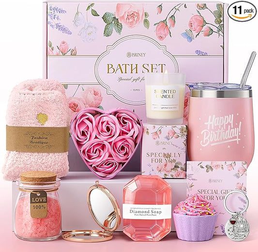 Briney 11Pcs Birthday Gifts for Women, Gift Baskets for Women, Luxury Gift Basket for Mom Wife Sister Best Friend (Pink)