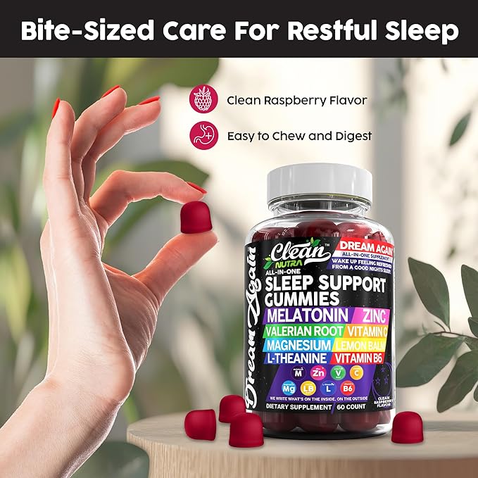 Clean Nutra Melatonin Gummies 10mg | Sleep Aid Valerian Root L-Theanine Vitamin B6 C Lemon Balm Magnesium Hibiscus Beta Carotene Saffron & Chamomile Rest Support Supplement Raspberry Flavor