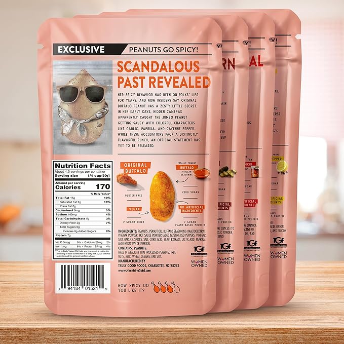 Henrietta Said Wing-Flavored Peanuts - Variety Pack - Truly Good Foods Shelled Snacking Nuts - Bold Flavors - Savory & Spicy - Jumbo Flavored Peanuts - Protein Packed Vegan Snack - 4 (5-oz) Packs