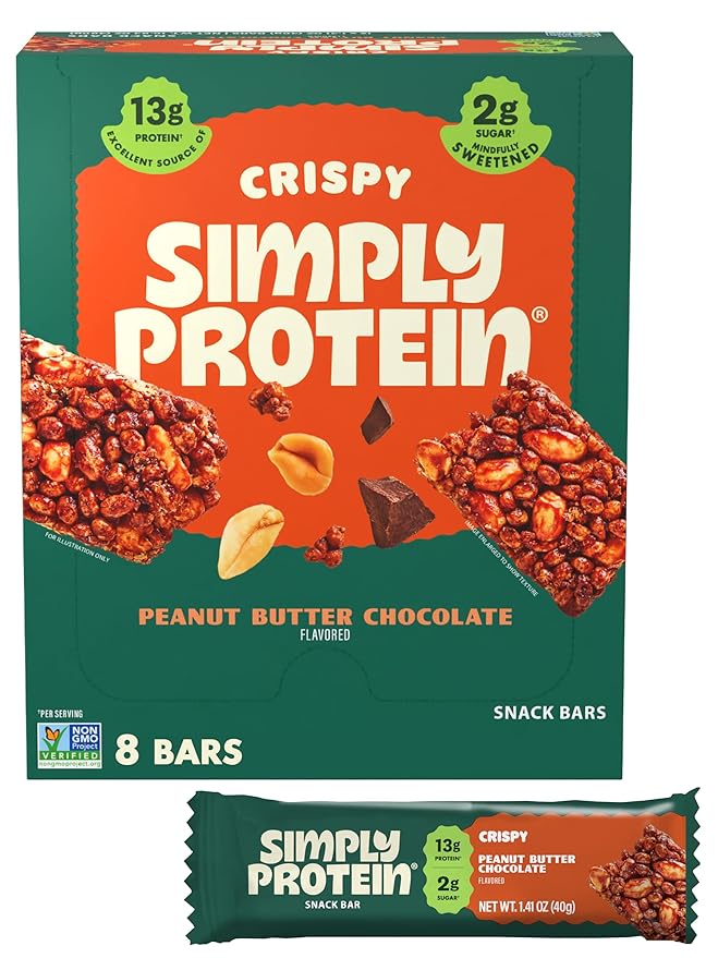 Simply Protein - Peanut Butter Chocolate Crispy Bars - Plant Based Protein Bars - Low Carb, Low Sugar, High Fiber - 13g Protein, 2g Sugar, 7g Fiber - Vegan, Gluten Free, Non GMO, Kosher - 8 Bars