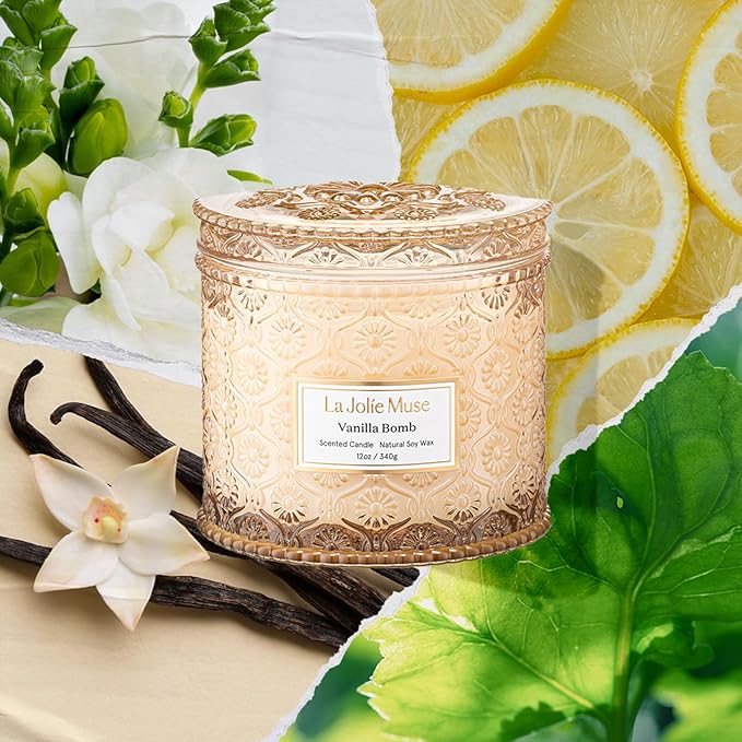 LA JOLIE MUSE Vanilla Bomb Candle – Lemon Zest, Fressia & Patchouli | 12 oz Large 2-Wick Soy Wax Candle | 60 Hours Clean Burn | Gift-Ready for Hosts | Elegant Home Décor