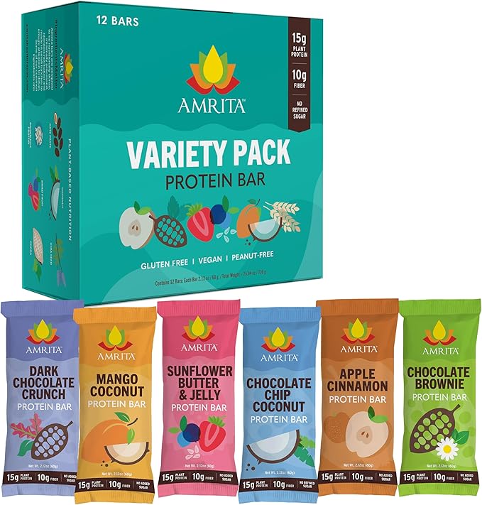 Amrita Nut Free 6 Flavor Variety Pack Vegan Protein Bars (12 CT) | 11g to 12g Plant-Based Protein Bar | Peanut Free, Gluten Free, and Dairy Free | Low Sugar, High Fiber, Healthy School-Safe Snacks