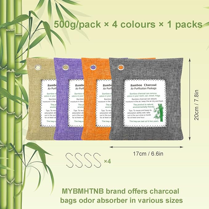 Bamboo Charcoal Bags Odor Absorber 4 Pack×500g Bamboo Charcoal Air Purifying Bags, for Car Air Fresheners, Odor Eliminator for Home，Shoe Deodorizer - Colorful-Activated Charcoal Odor Absorbers