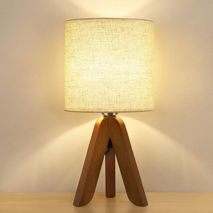 HAITRAL Wooden Tripod Table Lamp with Brown Base, Small Table Lamp Bedsides Lamp with Linen Fabric Shade, Nightstand Lamp Cute Night Lamp for Bedroom,Kids Room,Nursery,Dorm