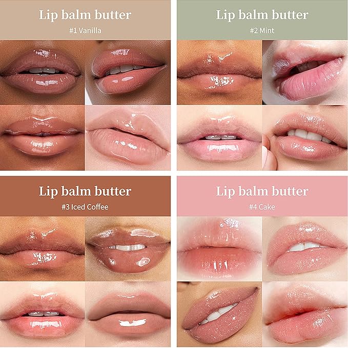 4 PCS Lip Glossy Butter Balm Set, Tinted Lip Balm Instant Moisture and Hydration Lip Gloss, Long Lasting Hydrating Glow Reviver Lip Care Oil, Christmas Makeup Gift for Women